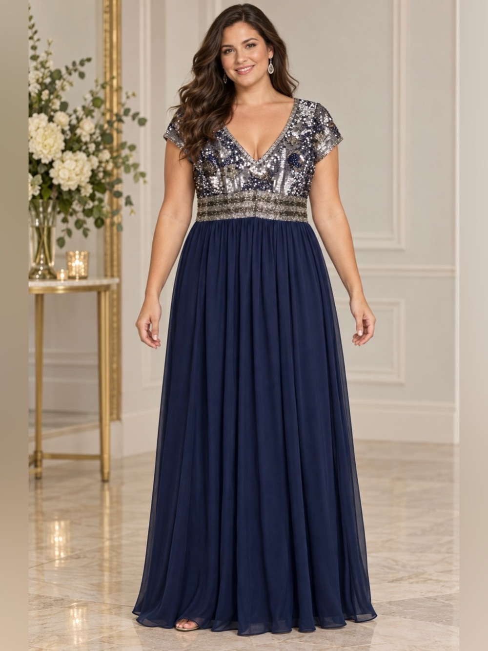Adrianna Papell Navy Silver Sequin V-Neck Maxi Gown Size 16